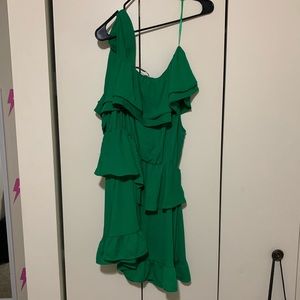 ZARA Green One Shoulder Tie Tiered Ruffle Dress